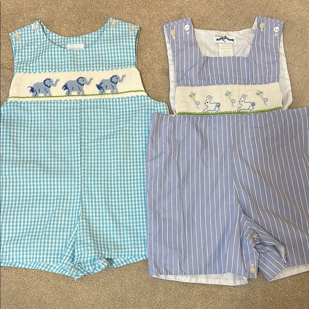 Blue and White Gingham and‎ Striped Rompers